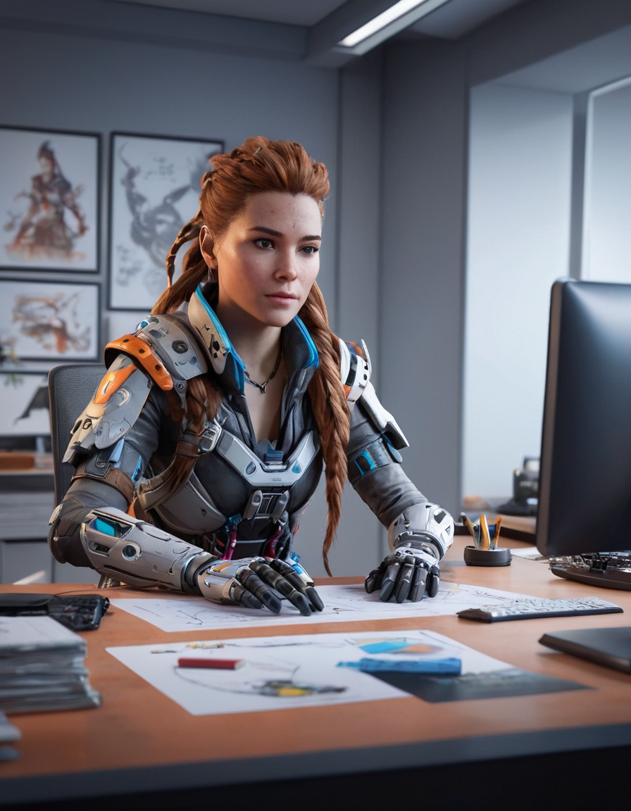 aloy, horizon zero dawn, modern office, cluttered desk, work environment, games, girls from games