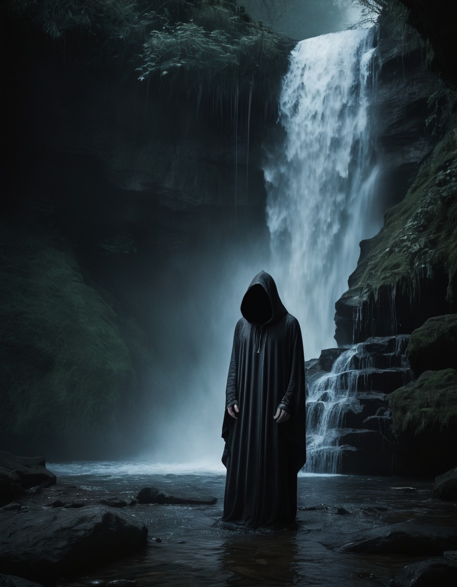 mystical, hooded figure, chanting, waterfall, spirituality