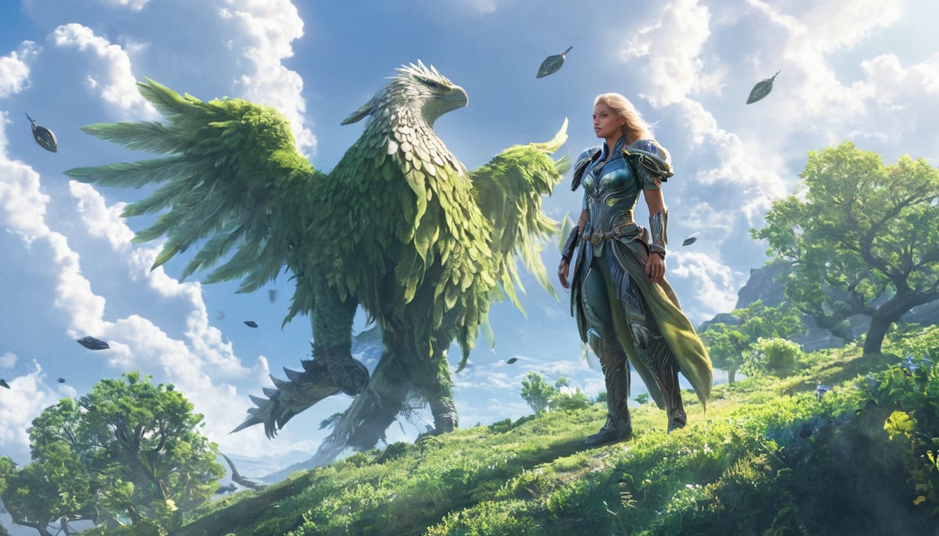 digitalart, warrior, fantasyart, characterdesign, forest, digitalpainting, fantasycharacter, wallpaper, guardian, digitalartwork, dndcharacter, fantasycreature, hippogriff, hybrid, hyrule, landscape, majestic, mythicalcreature, nature, summer, surreal, elffantasy, dnddungeonsanddragons, midjourney, synthography