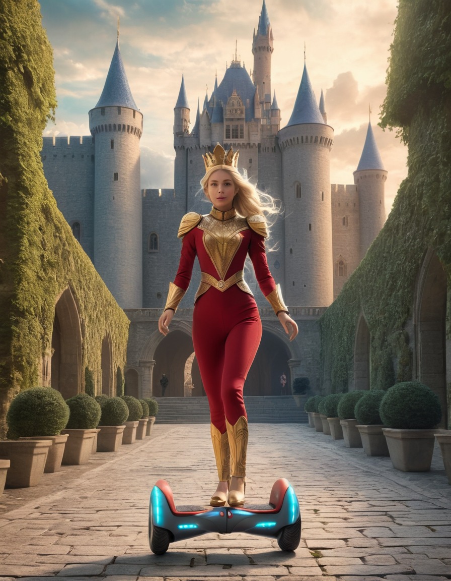 queen, hoverboard, castle, courtyard, medieval, art