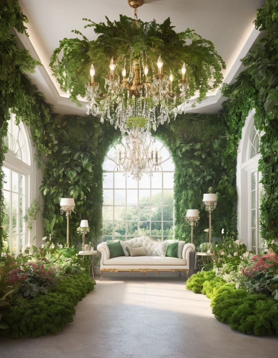 indoor garden, plants, chandelier, home, interior