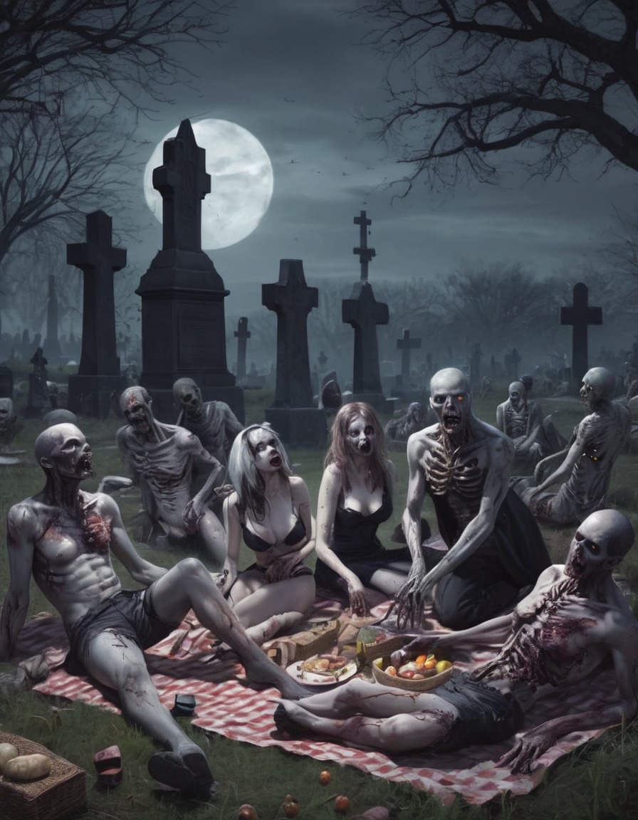 zombies, horror, undead, graveyard, picnic, zombie