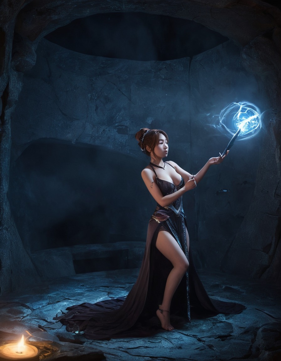 yuna, spellcasting, powerful, dimly lit, chamber, games, dark