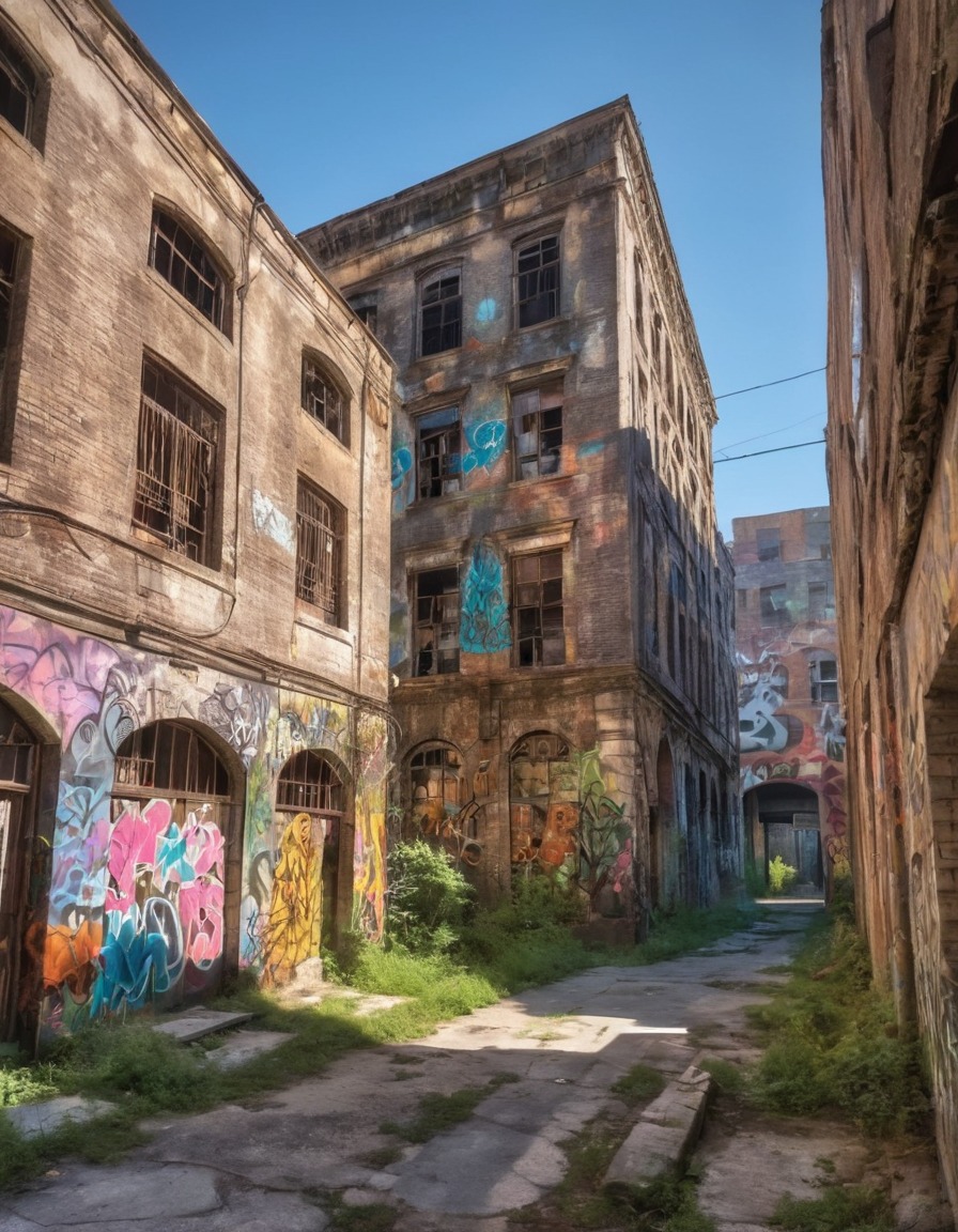 graffiti, abandoned building, rundown city, urban decay, street art