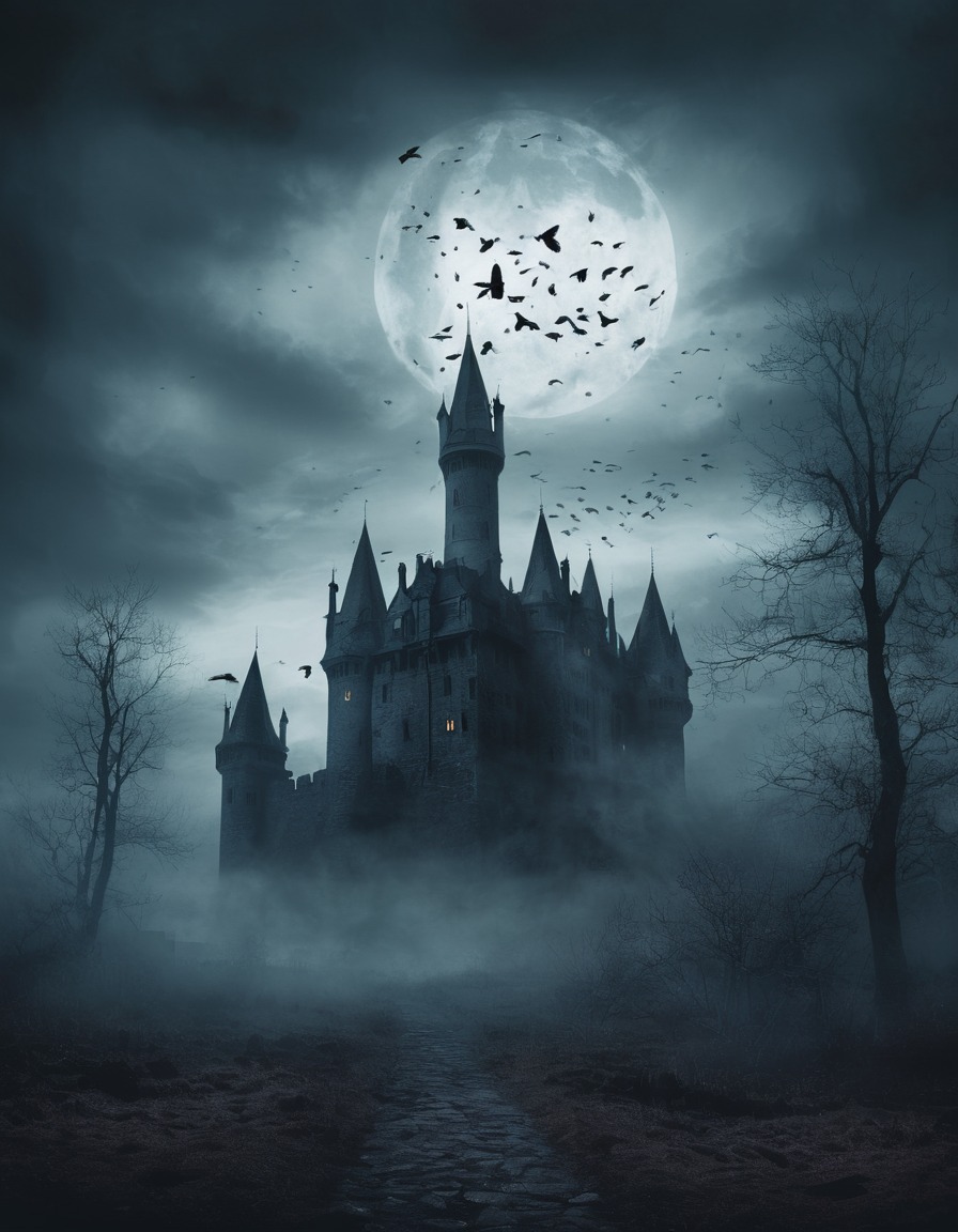 haunted castle, misty, ravens, eerie atmosphere, gothic, underground, dark