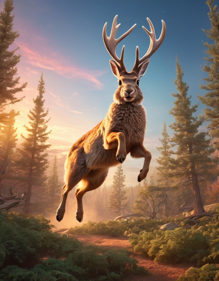 fantasy, mythical creature, jackalope, magical forest, sunset