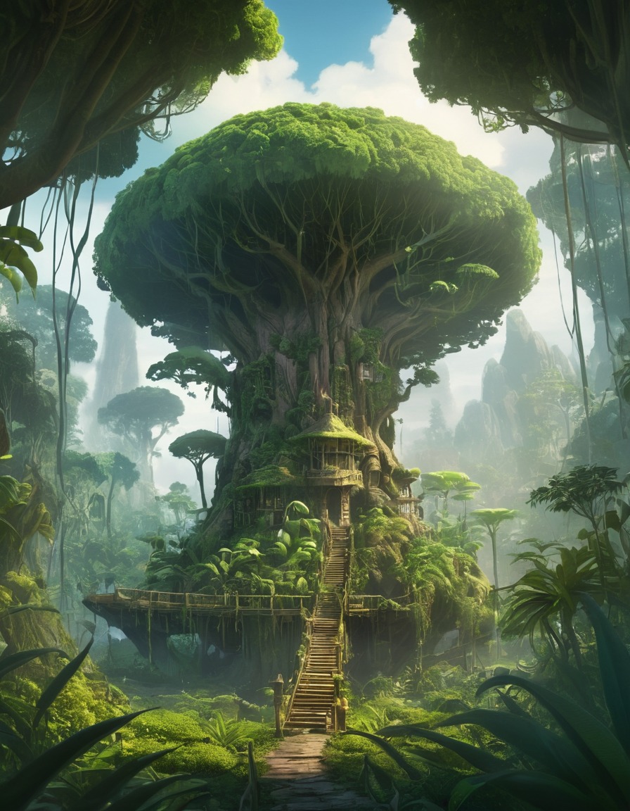 fantasy, jungle, magical creatures, mythical plants, tree-dwelling, fantastic