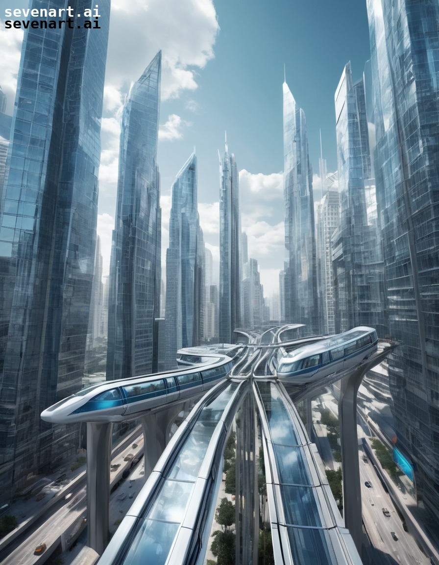 cityscape, skyscrapers, glass, metal, monorail, future