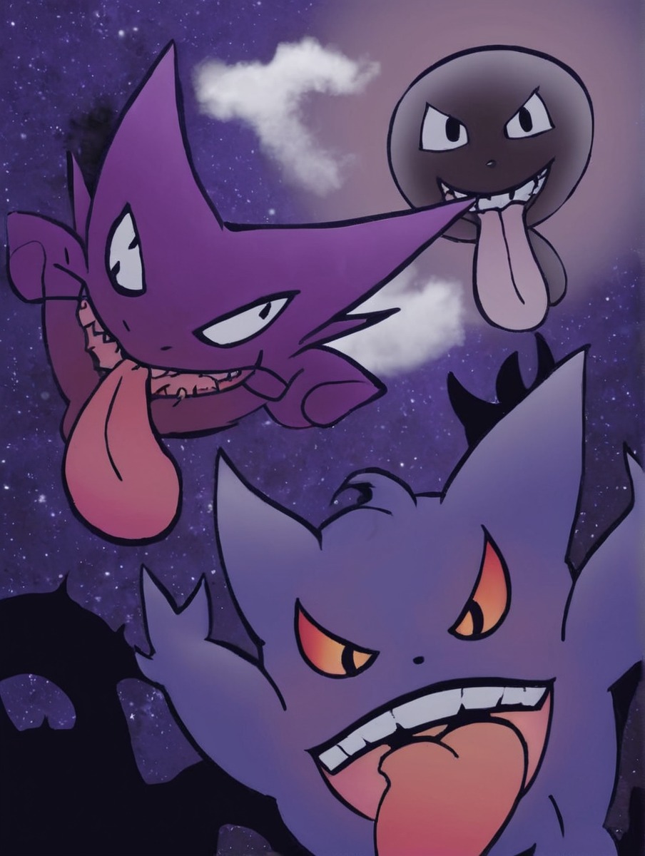 gastly, gengar, ghosts, haunter, night, pokemon, spookymasnsion, background, celebration, digitalart, digitaldrawing, digitalillustration, digitalpainting, halloween, pokemonfanart, pokemonnintendo, ghosttypepokemon, spookyfun, spookyhalloween, spookymonth, halloween2017