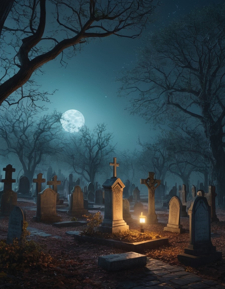 graveyard, spirits, haunted, night, spooky, trees., fantastic