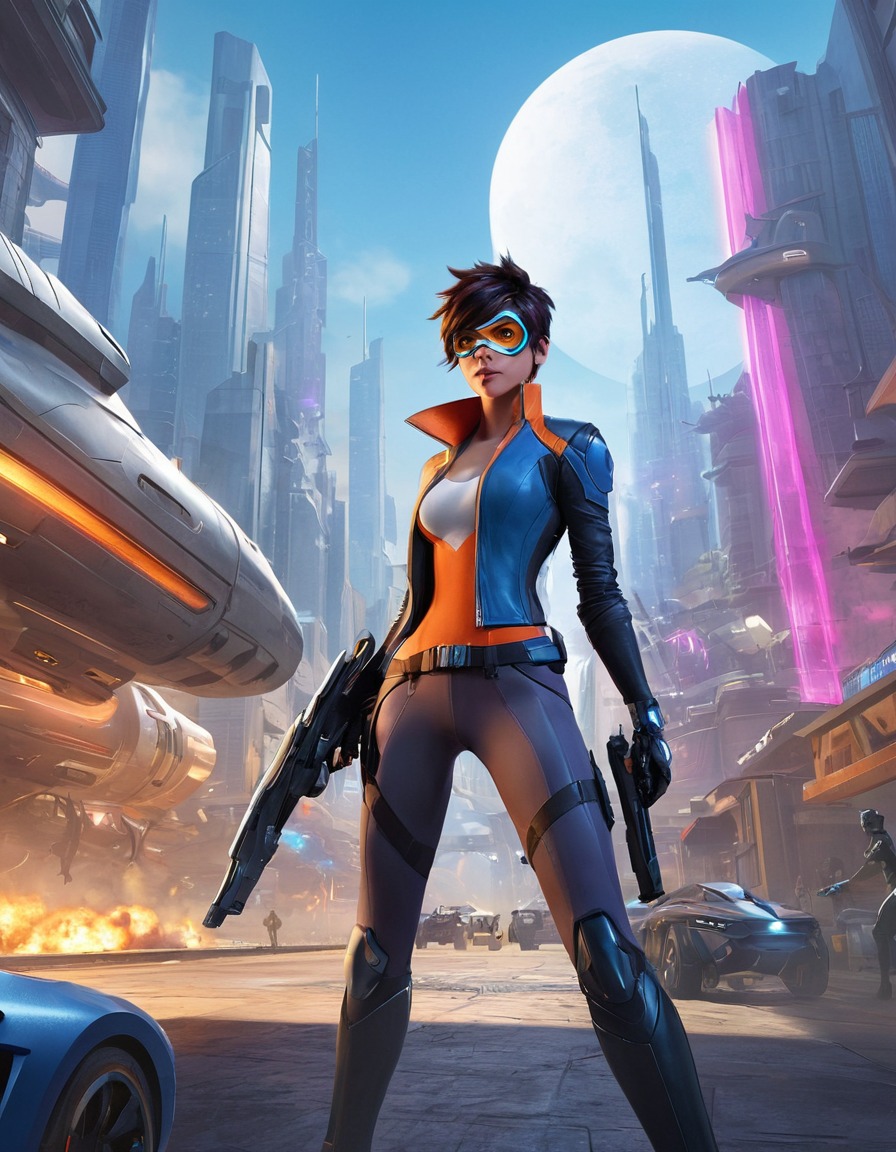 tracer, widowmaker, overwatch, futuristic cityscape, video game art, computer games