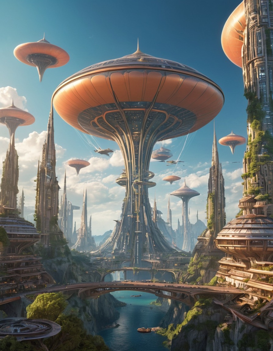 alien, cityscape, organic structures, futuristic, flying vehicles, extraterrestrial, aliens