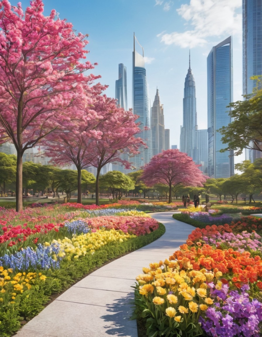 park, flowers, skyscrapers, cityscape, nature, city