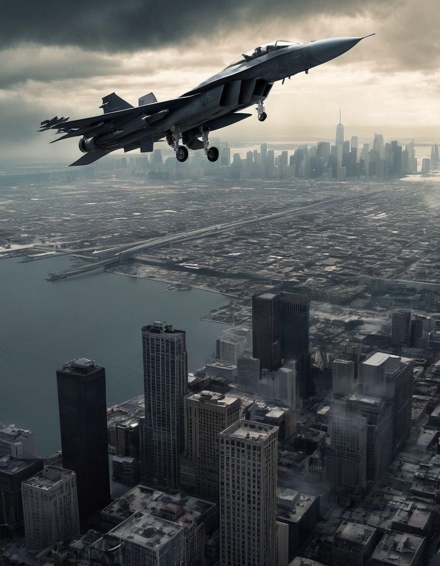 fighter jet, city skyline, crisis, usa, war