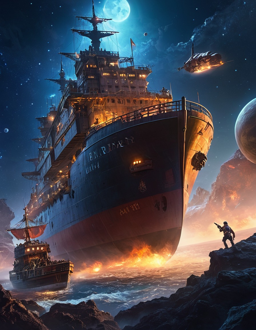 space pirates, looting, cargo ship, space scene, outer space, plundering, interstellar