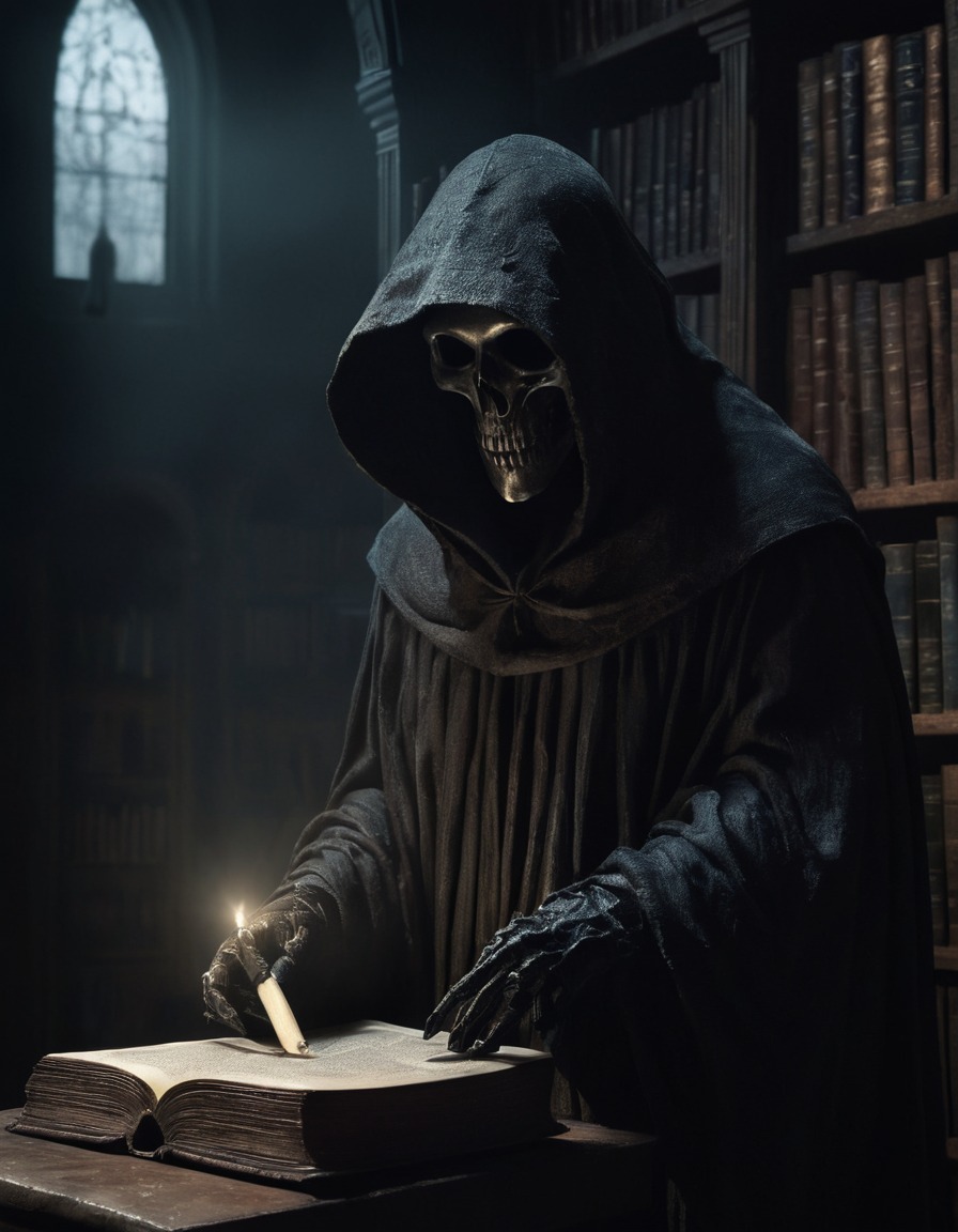 mysterious, cloaked figure, ancient, weathered, tome, dimly lit, library, gothic, underground, dark