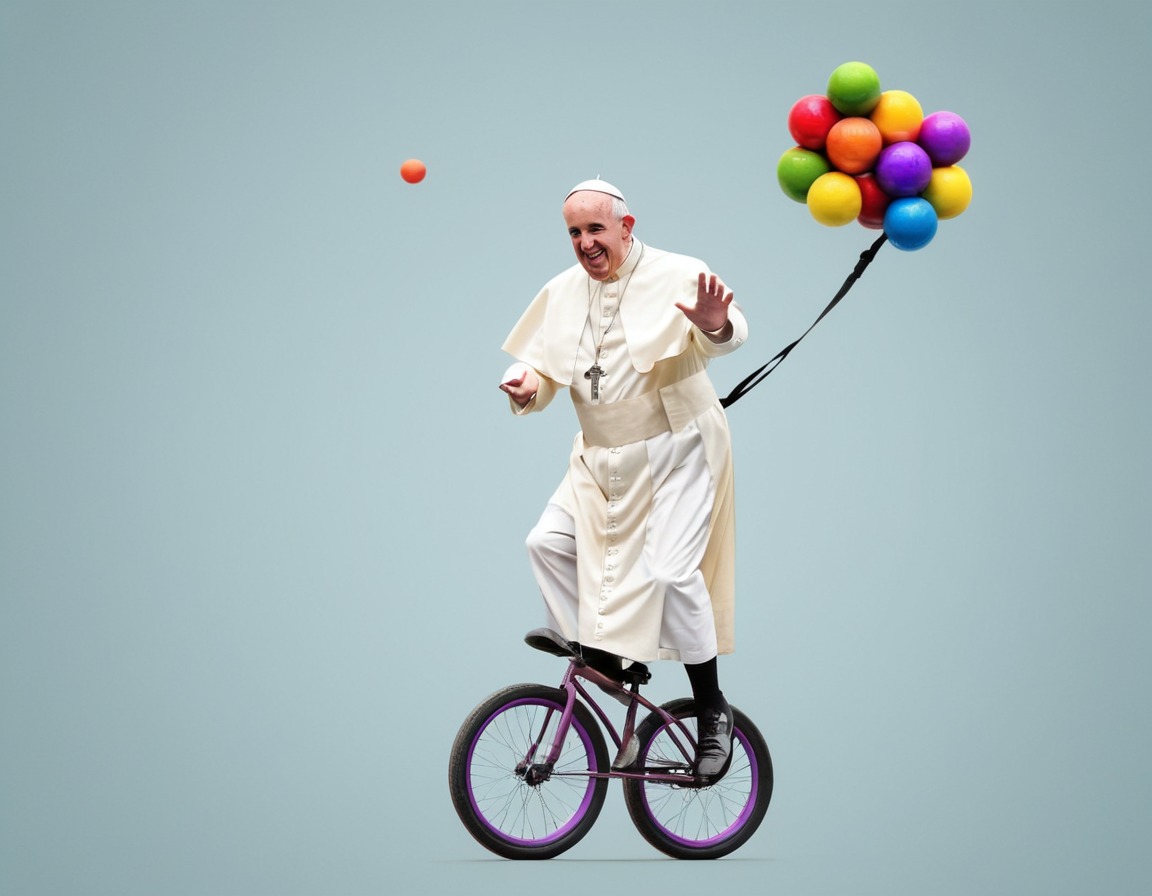 cartoon, pope francis, unicycle, juggling, colorful, vatican