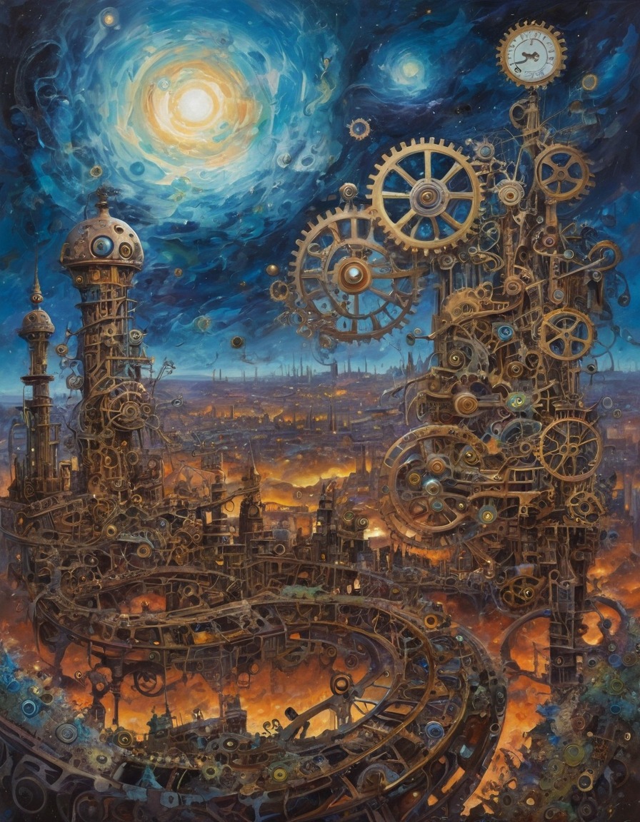 clockwork city, machinery, gears, galaxies, fantasy, science fiction, surreal