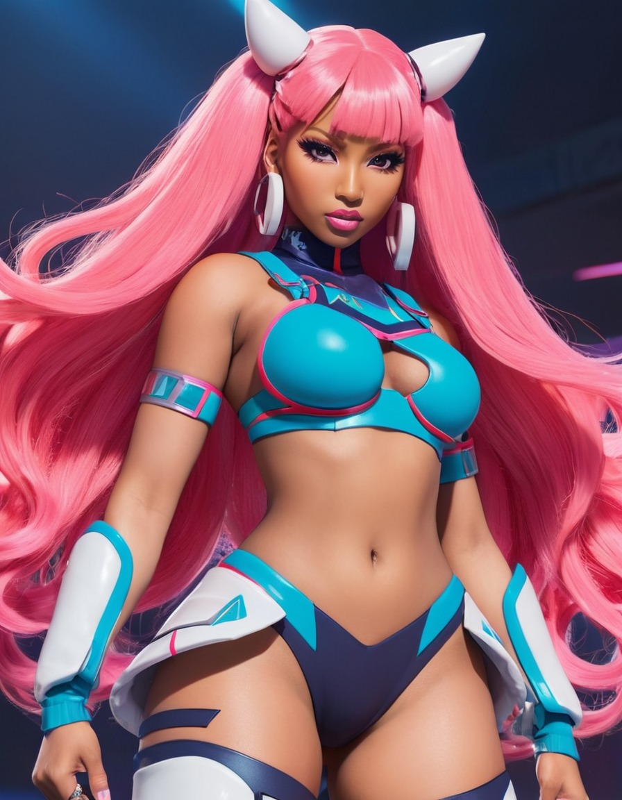 nicki minaj, anime, warrior, colorful, oversized hair, flashy outfit