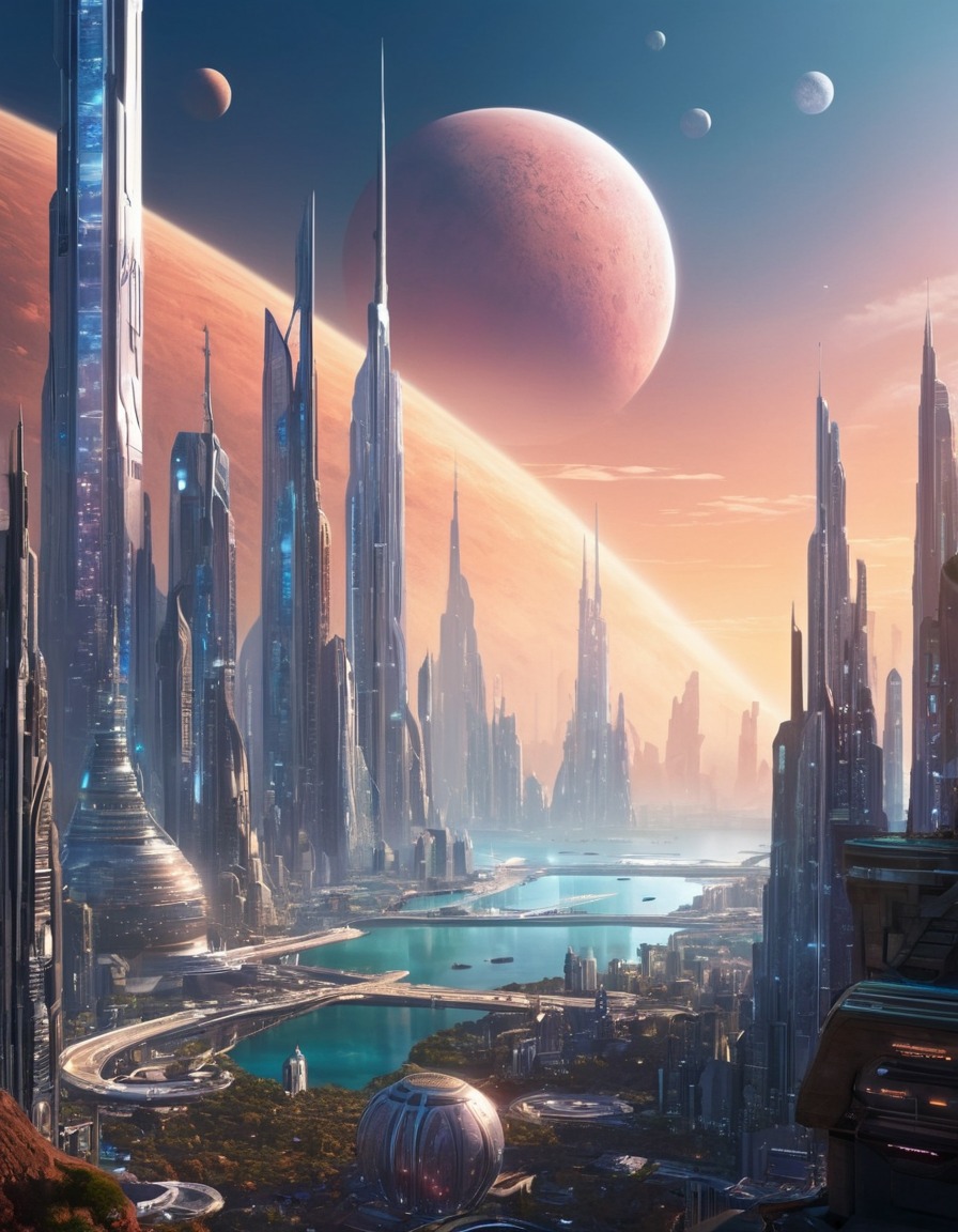 space, futuristic cityscape, distant planet, skyscrapers, alien world, science fiction, space scene