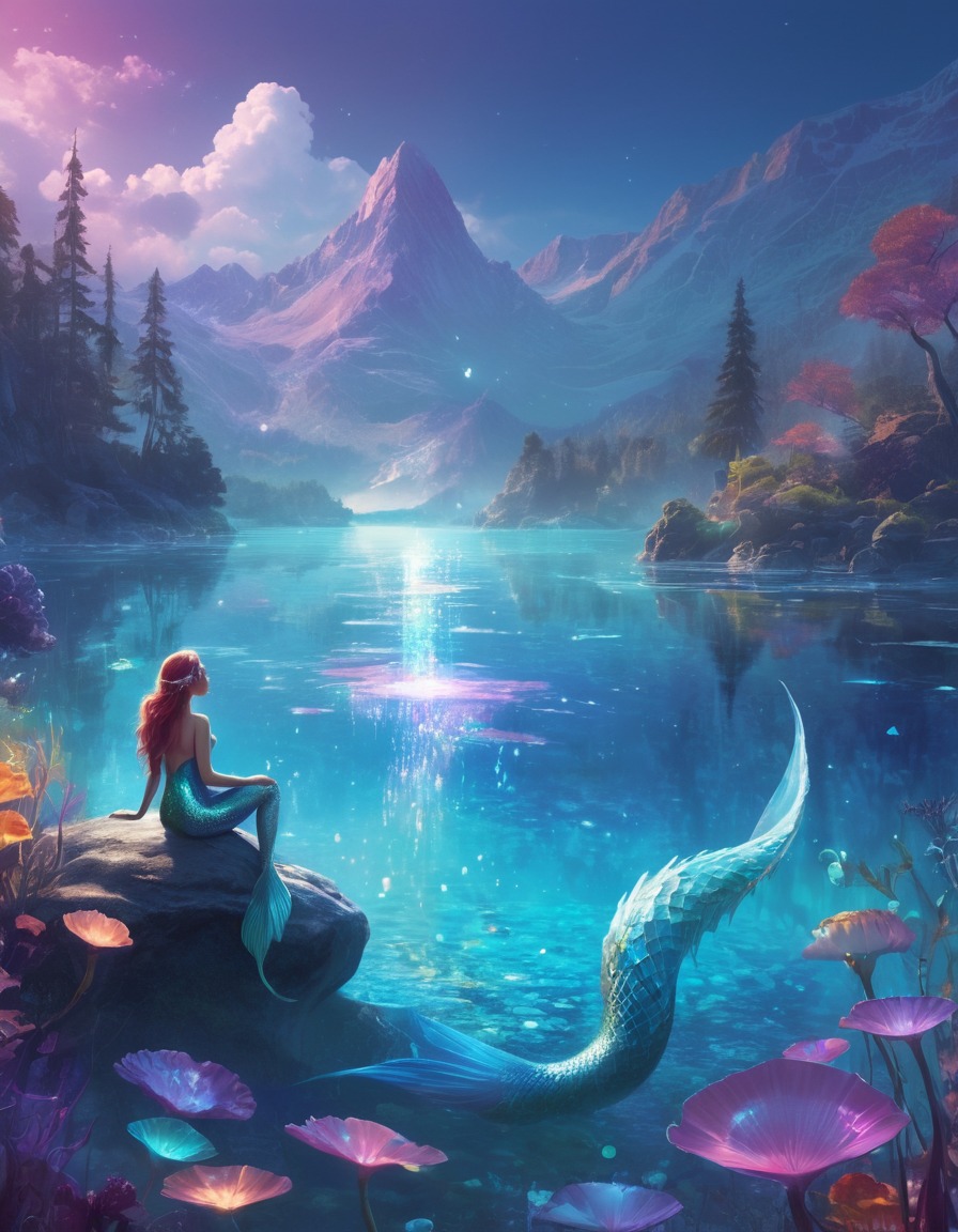 fantasy, mermaids, lake, singing, iridescent scales, fantastic