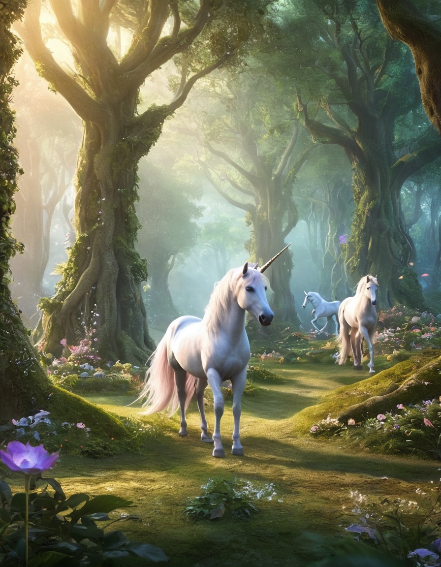 fantasy, enchanted forest, mythical creatures, unicorns, fairies