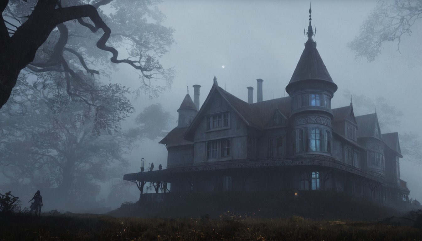 horror, architecture, gothic, creepy, ghost, spooky, fog, dreamup, digitalart, vintage, manor, mist, hauntingseason, ai_art