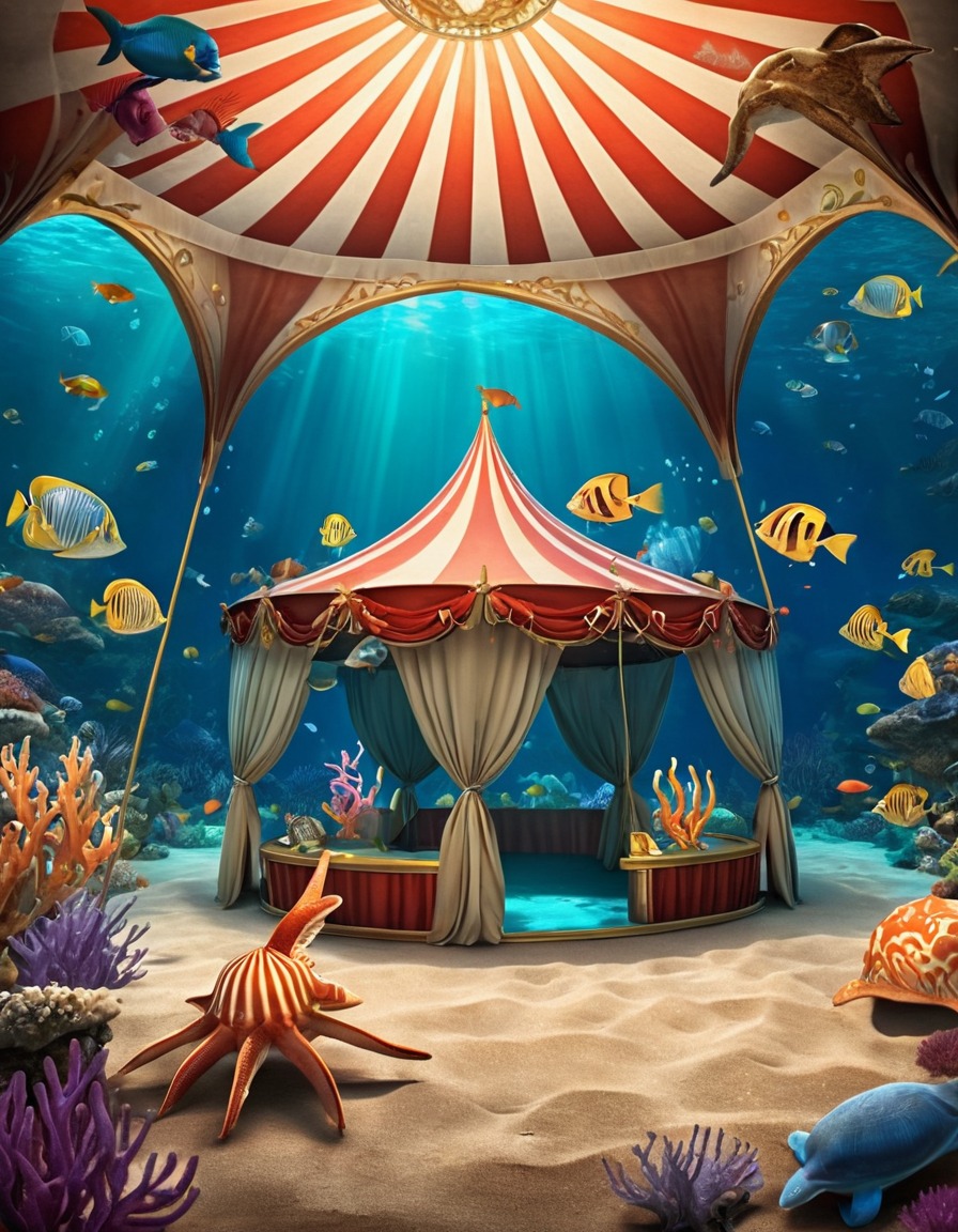 circus tent, underwater, sea creatures, fantasy, surreal, aquatic life, mystical