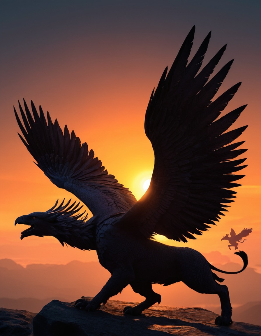 griffins, mythical creatures, flight, silhouette, sunset