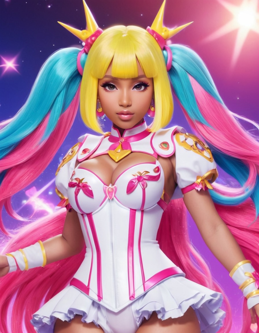 nicki minaj, magical girl, brightly colored hair, flamboyant costume, music artist, pop culture, anime