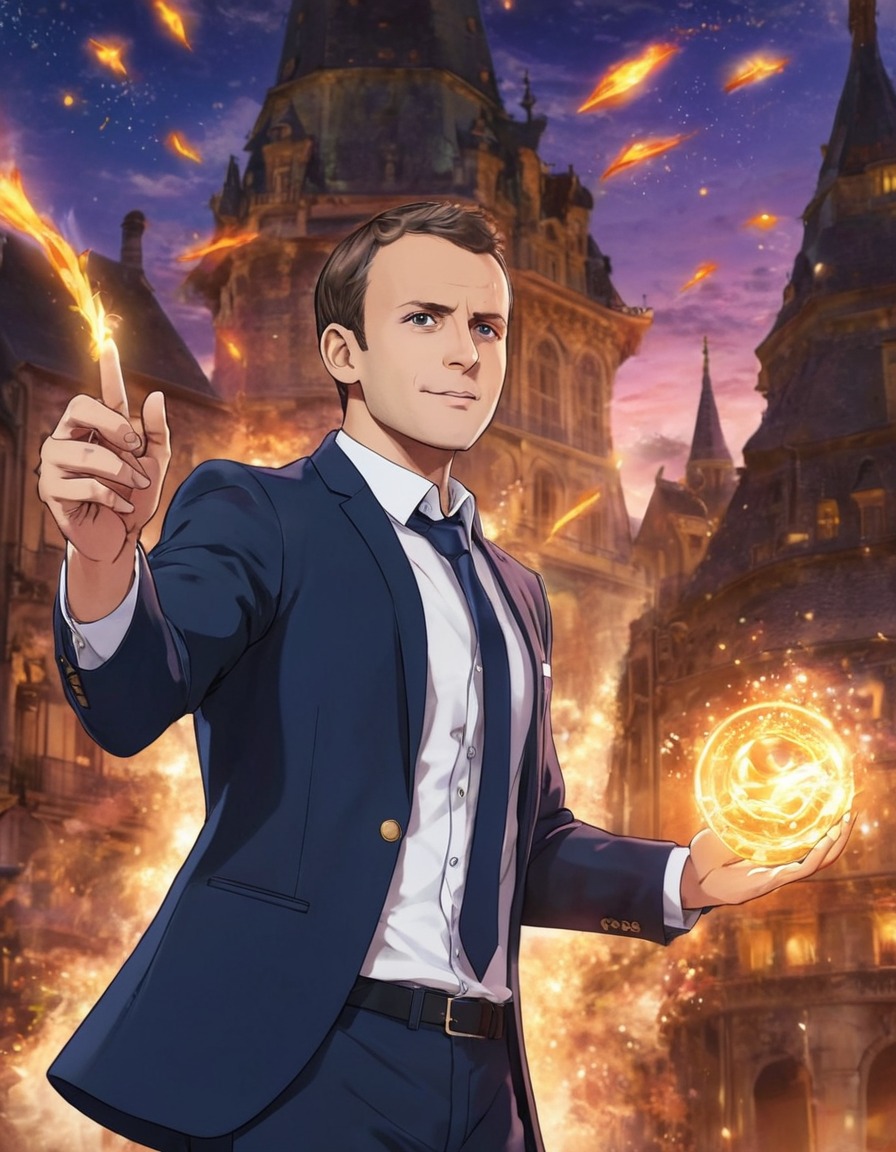 emmanuel macron, anime, magic, fantasy, spells, elegance, charisma, politics