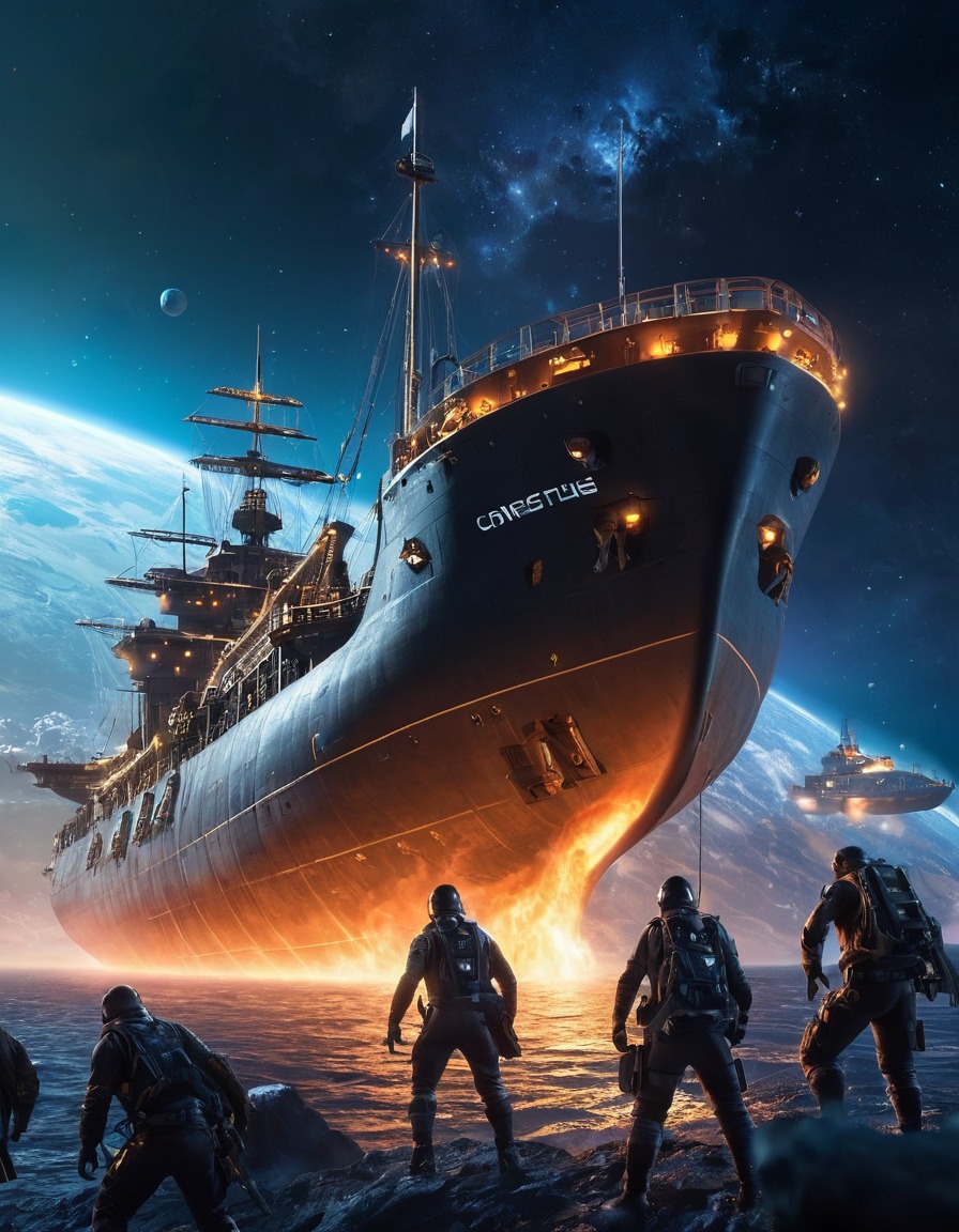 space pirates, looting, cargo ship, space scene, sci-fi, interstellar, heist