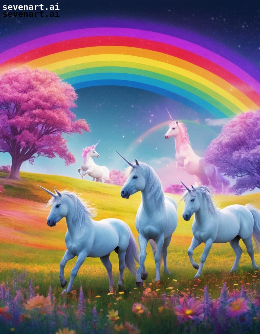 unicorns, fantasy, meadow, stars, rainbow