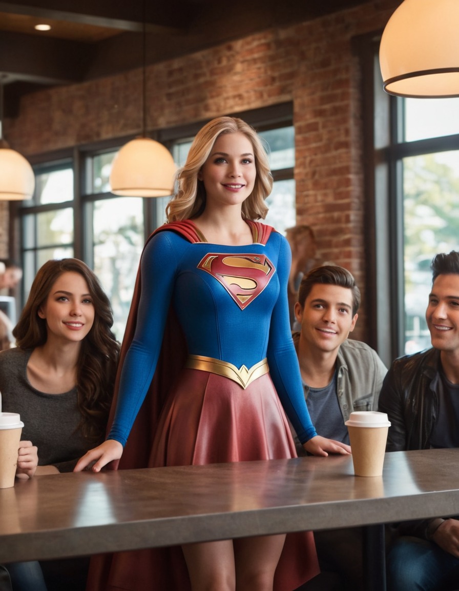 supergirl, coffee shop, friends, gathering, superhero, superheroine, bikini