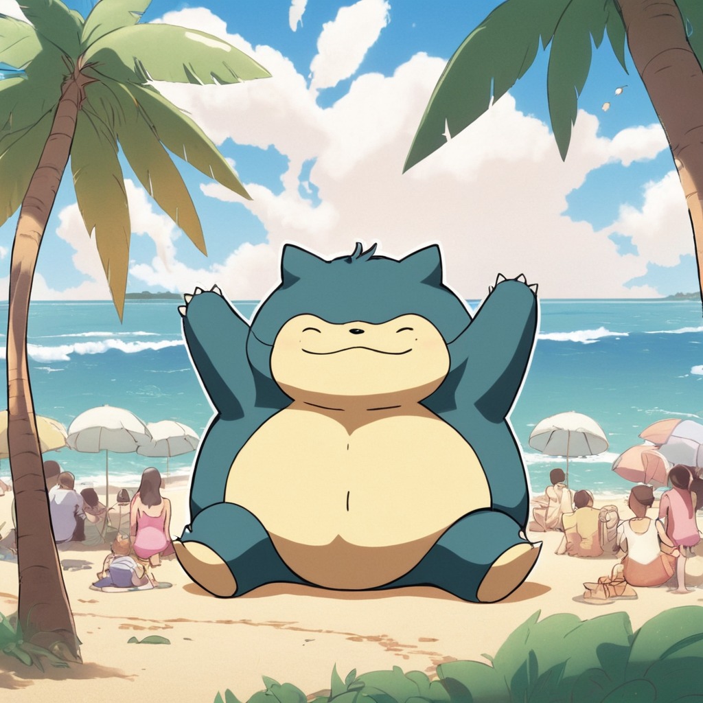 fanart, pokemon, digitalart, anime, cartoon, beach, nintendo, videogamefanart, wallpaper, snorlax