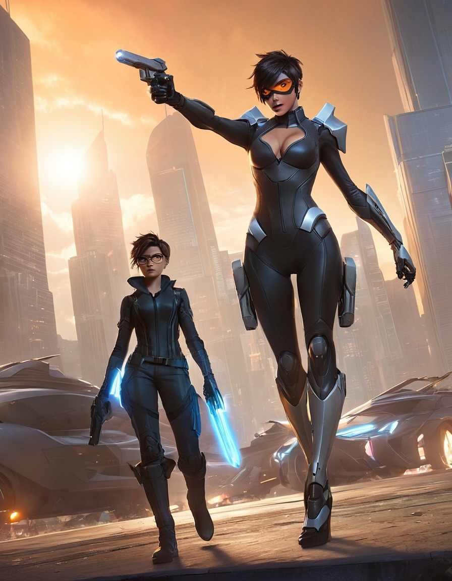 tracer, reaper, video game, futuristic, cityscape, overwatch, battle, computer games