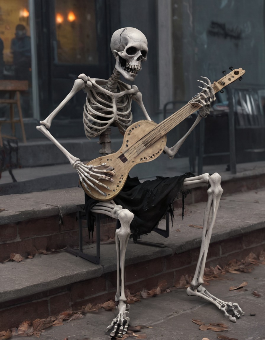 zombie, street musician, eerie tunes, skeletal instrument