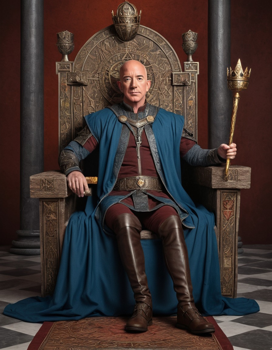 jeff bezos, medieval, attire, throne, scepter, ancient scrolls, artifacts