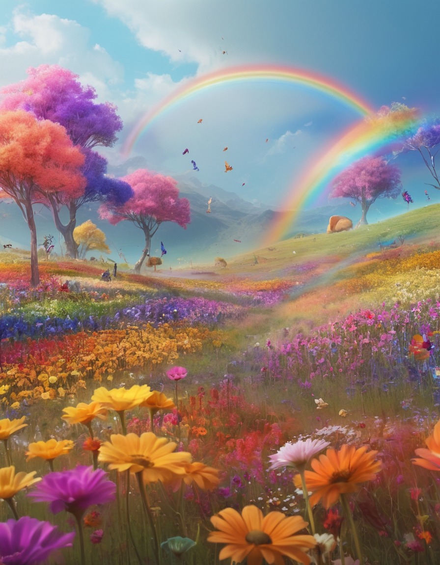 fantasy, rainbow, flowers, creatures, peaceful, fantastic