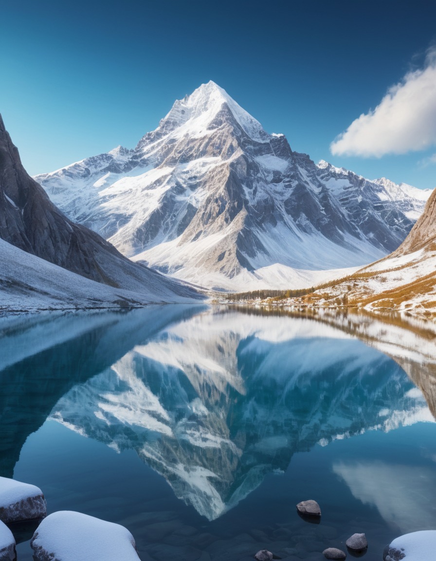 mountain, snow-capped, reflection, lake, nature, winter