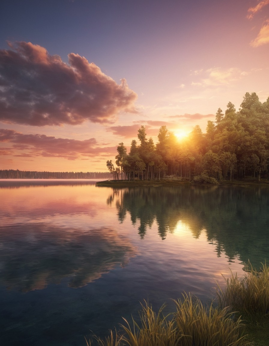 nature, landscape, sunset, lake, reflection