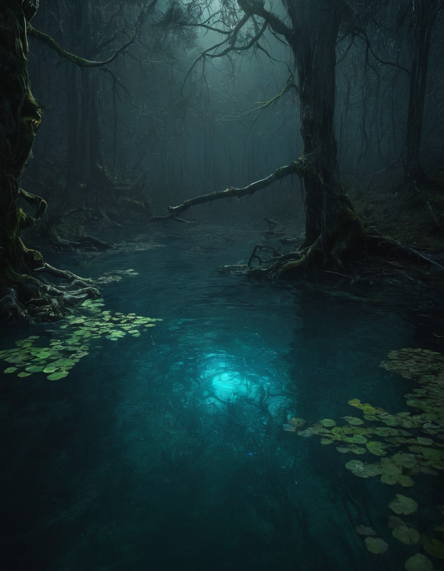 mystical, forest, pool, water, hidden, clearing, enchantment