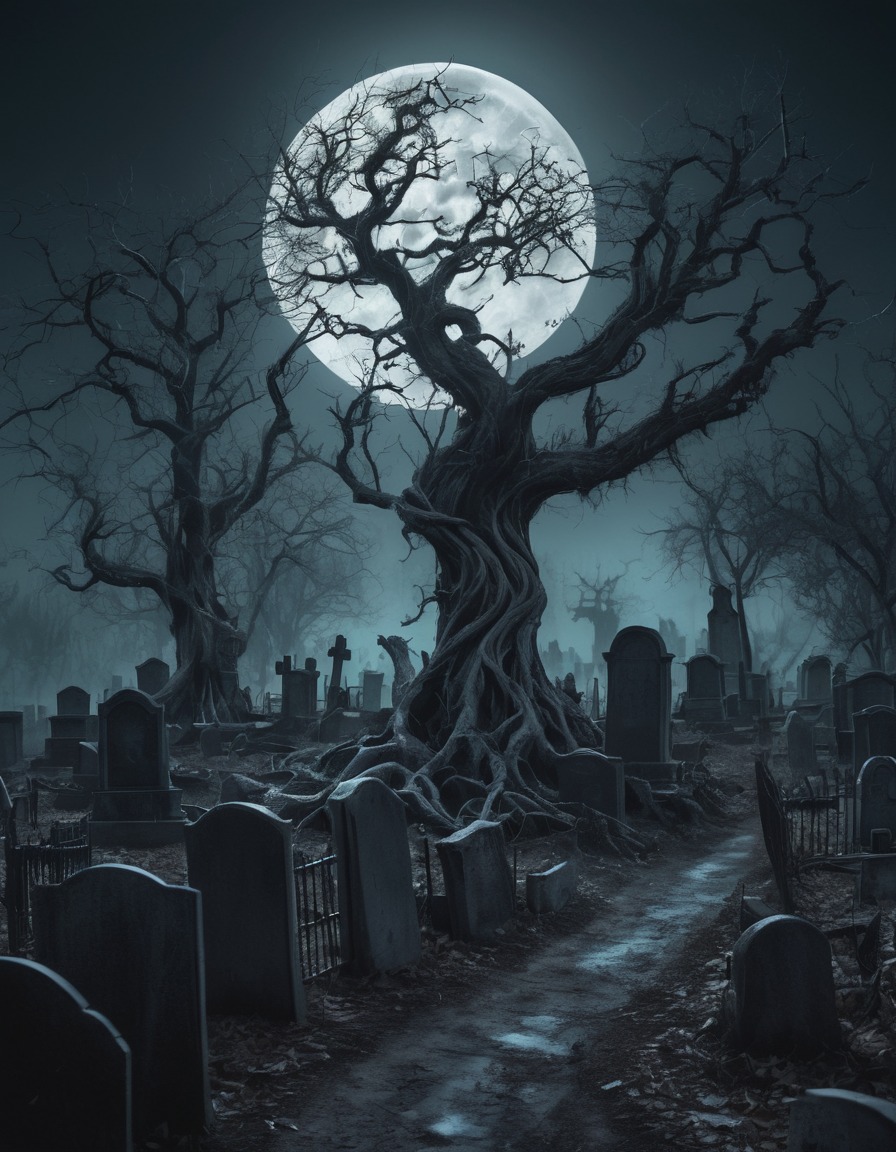 graveyard, moonlit, eerie, twisted trees, haunted, spooky, gothic, underground, dark