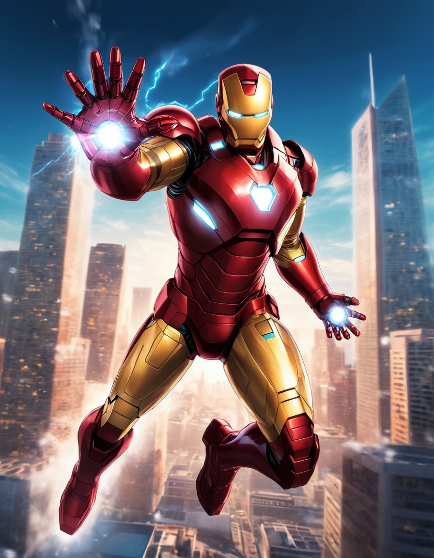 iron man, marvel, superhero, city skyline, repulsor beams, illustration., anime