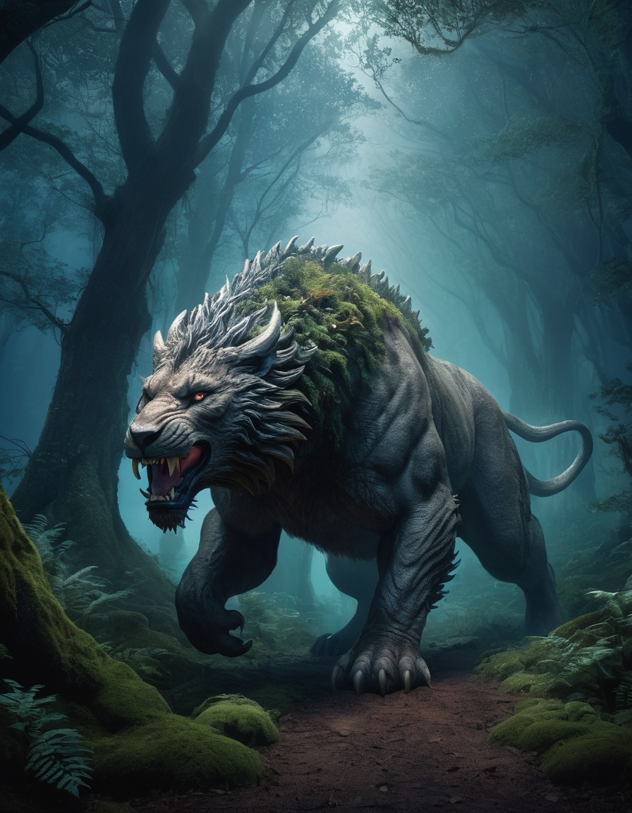 fantasy, mythical creature, questing beast, forest, dusk