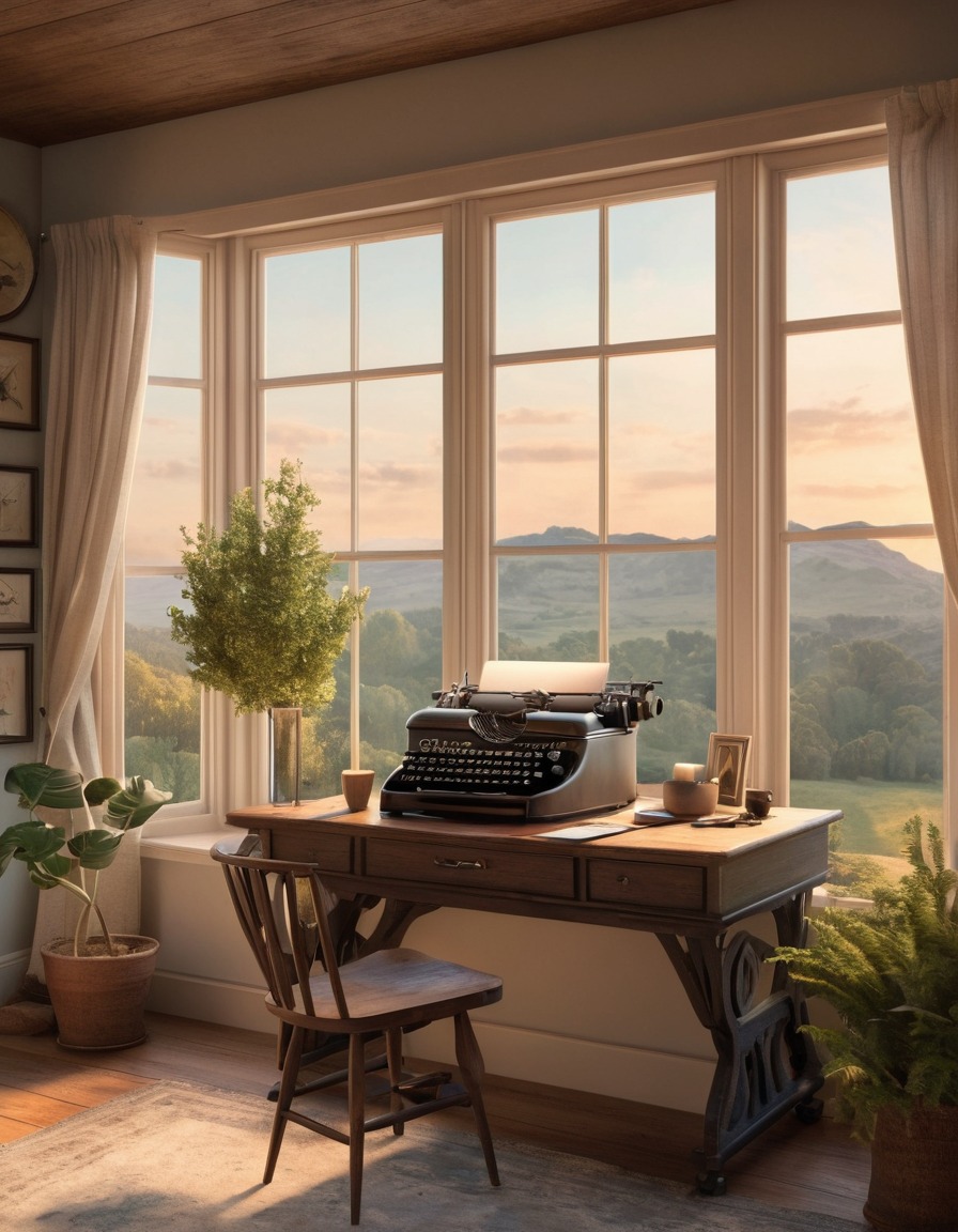 home office, vintage, desk, typewriter, window, serene landscape, home, interior