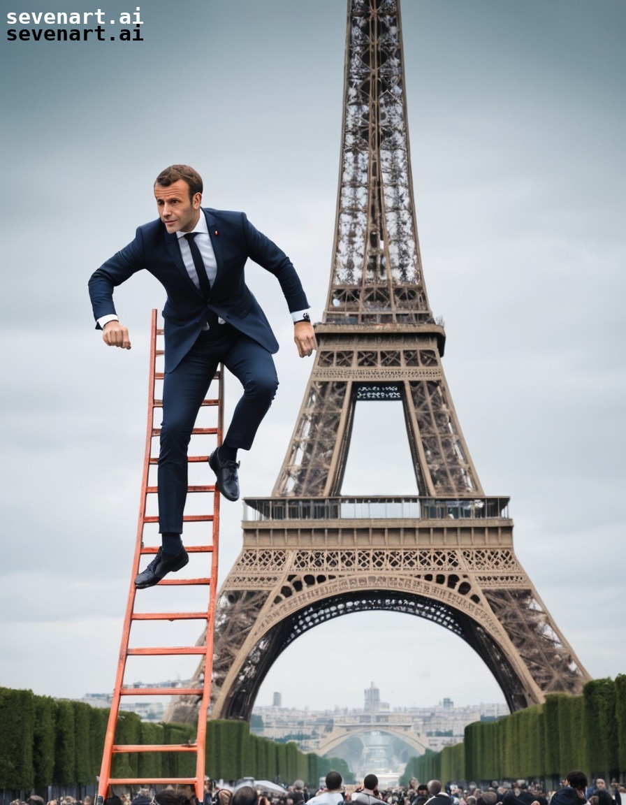 emmanuel macron, eiffel tower, climbing, ladder, humor, france