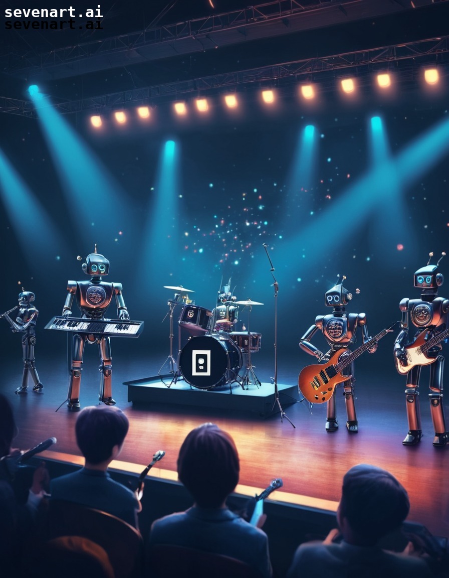 robot, band, concert, stage, music, robots