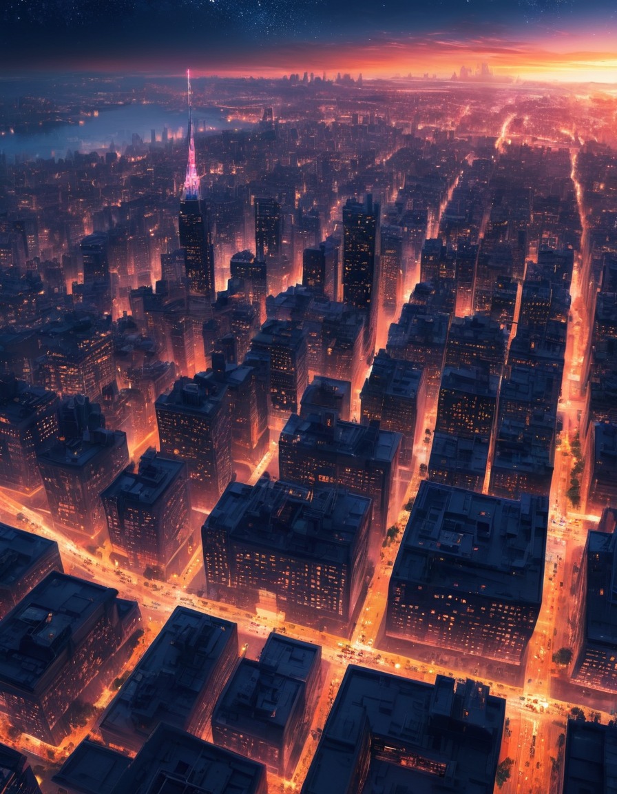 cityscape, aerial view, dusk, lights, vibrant