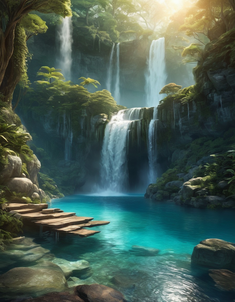 waterfall, enchanted, glowing, pool, fantasy, nature, magic